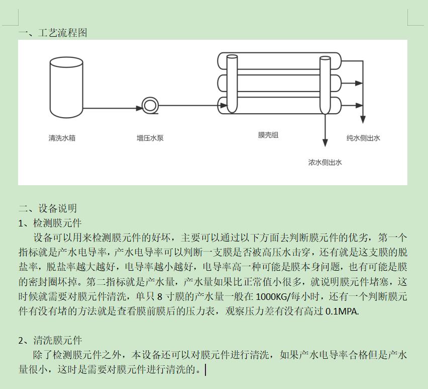呼图壁ro洗膜机工艺流程图及工艺说明